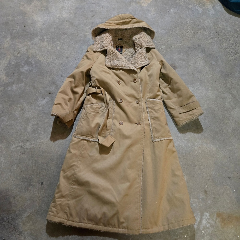 Vintage PBD Trench Coat Womens L Tan Sherpa Lined Hooded Double Breasted Belt
